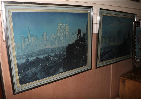 Alonzo C. Webb (American 1888-1975), Manhattan skyline at night, signed, and companion piece, a pair overall 59 x 73cm